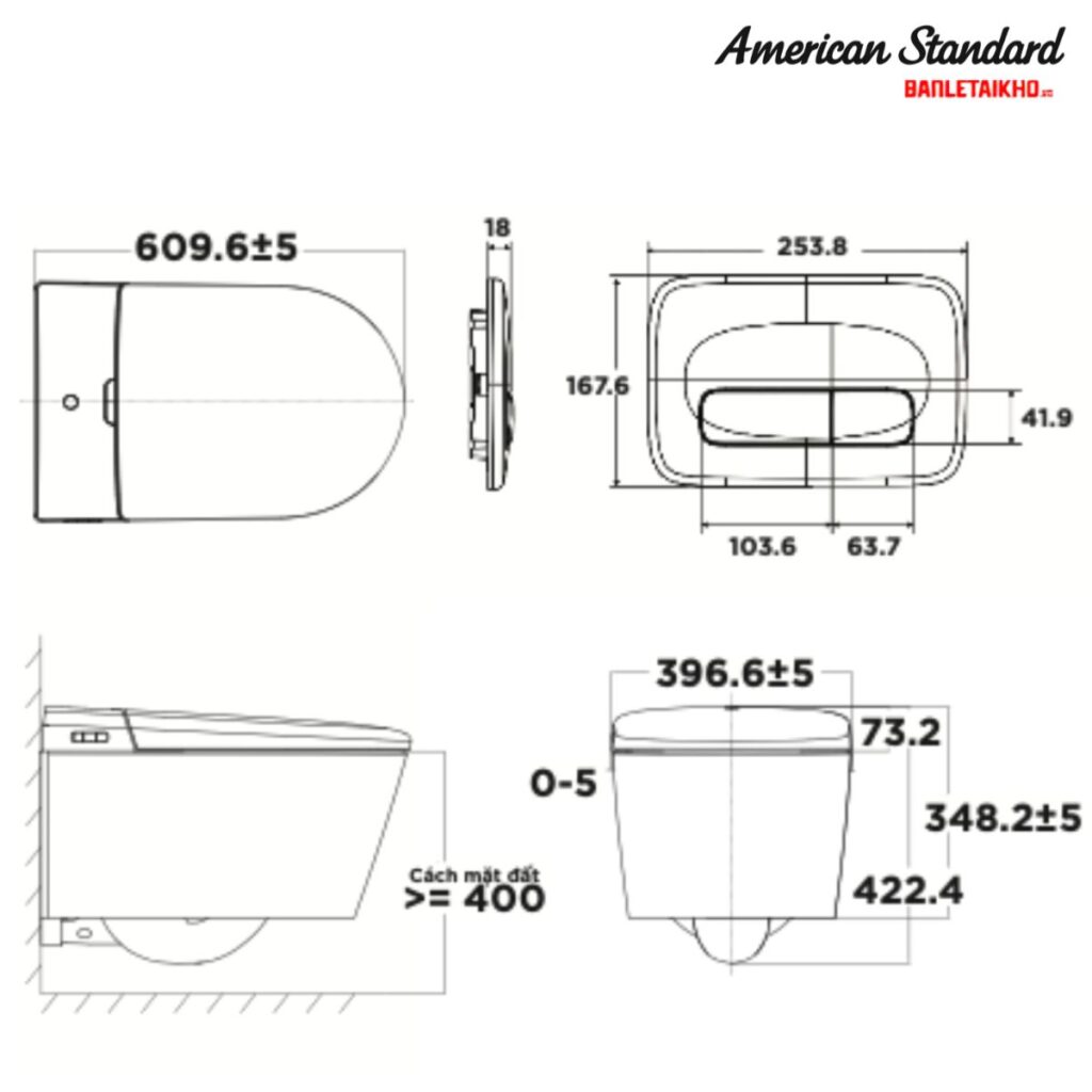 Bản vẽ Bồn Cầu AMERICAN STANDARD Aero-Lite Treo Tường Thông Minh Nắp Điện Tử