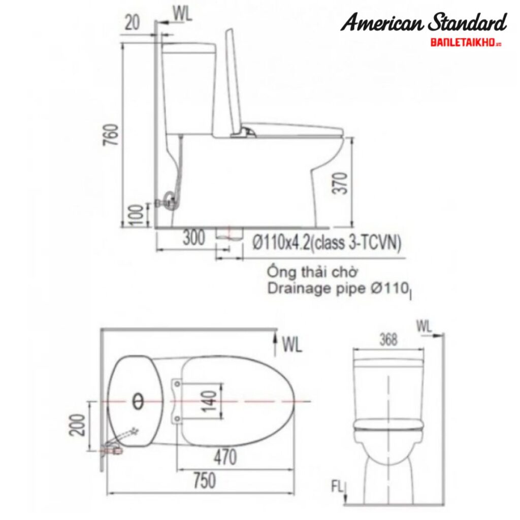 Bản vẽ Bồn Cầu AMERICAN STANDARD VF 2719 2 Khối Nắp Đóng Êm