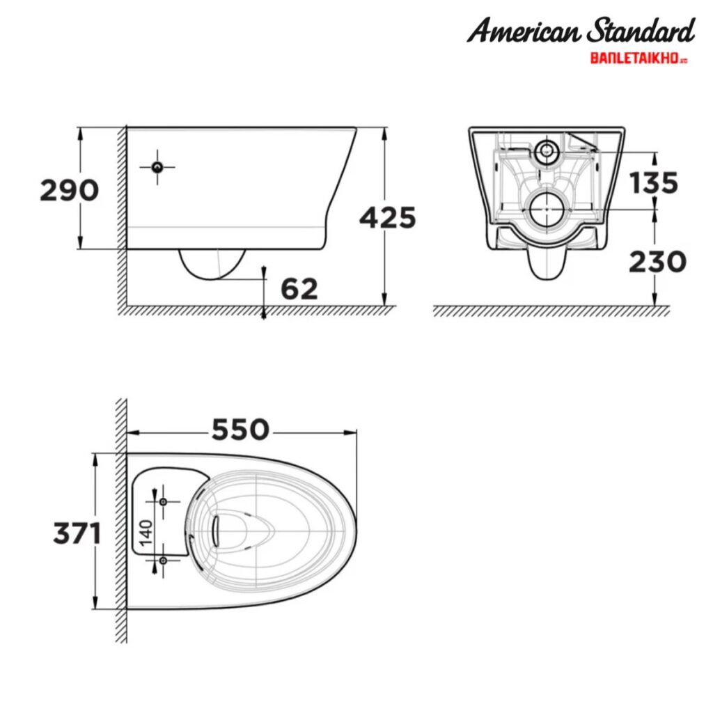 Bản vẽ Bồn Cầu AMERICAN STANDARD WP 2265 Treo Tường Nắp Đóng Êm